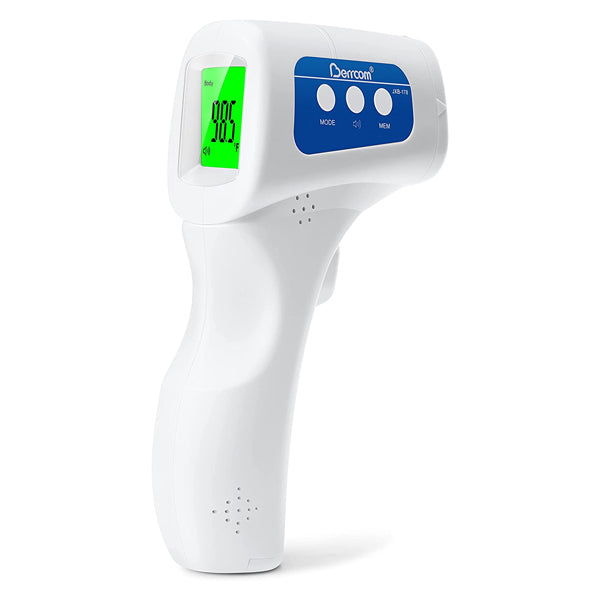 The Berrcom Non-Contact 6-in-1 Infrared Thermometer (Model JXB-178) features a white design, green backlit display, and front mode, set, and menu buttons for easy body temperature measurement.